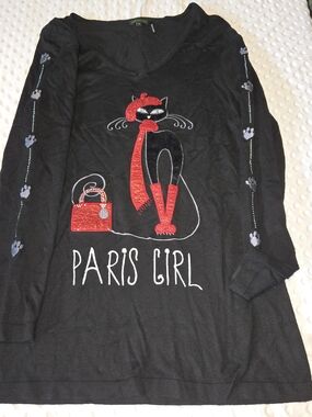Tricotto Black Rhinestone & Sequin Paris Cat Graphic Long‎ Sleeve Top Size M